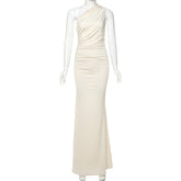 Elegant Oblique Shoulder Single Shoulder Solid Color Slim Slimming Dress